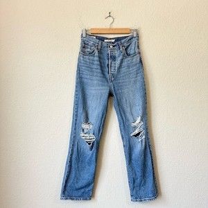 LEVI'S High-Rise Ribcage Straight Ankle Jeans Button Fly Destroyed